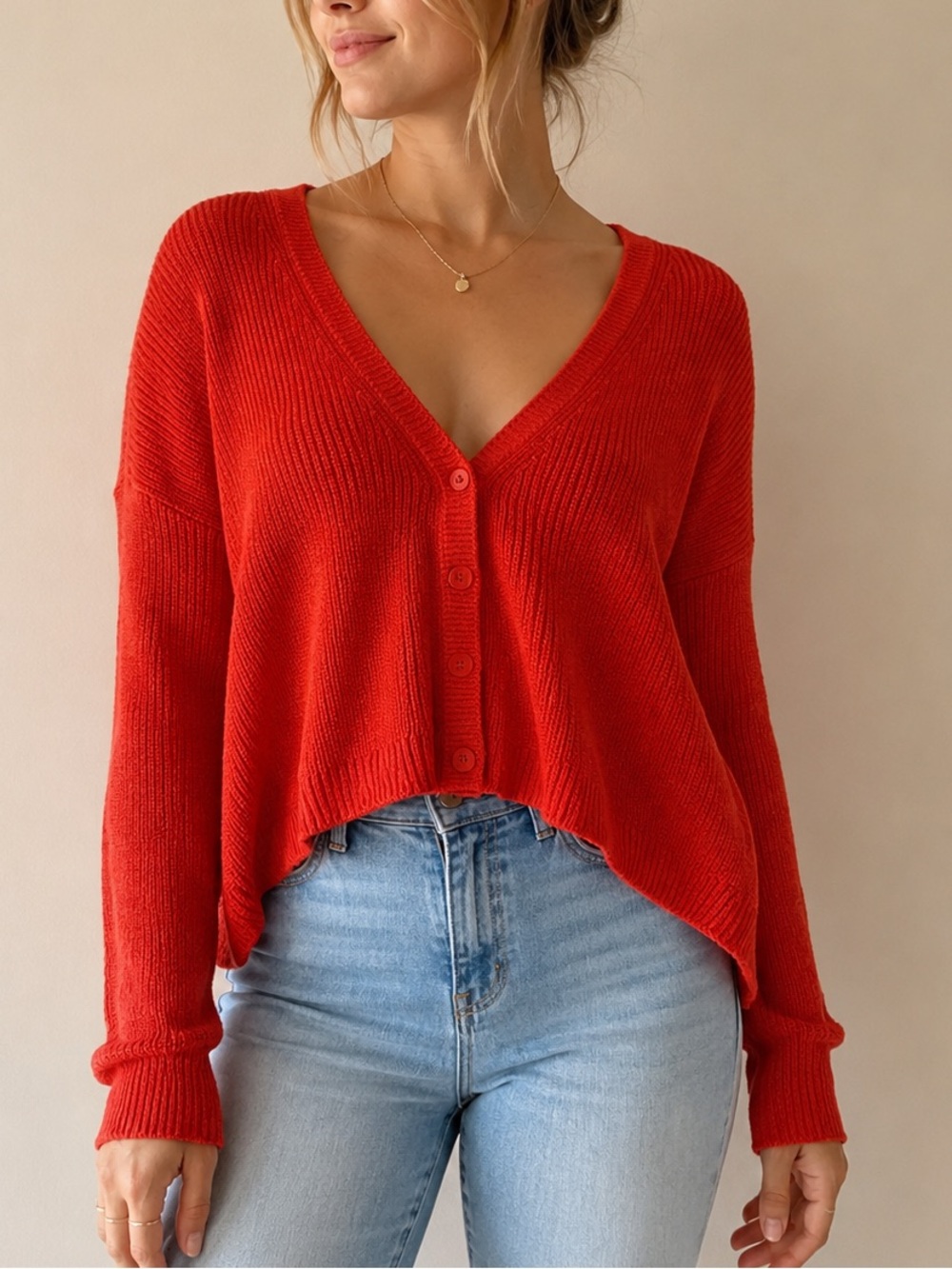 Eileen Fisher Cotton & Linen Cardigan V-Neck Red Size Small